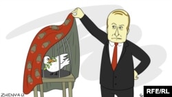 Путин и голубь, украинская карикатура, 2016 г.