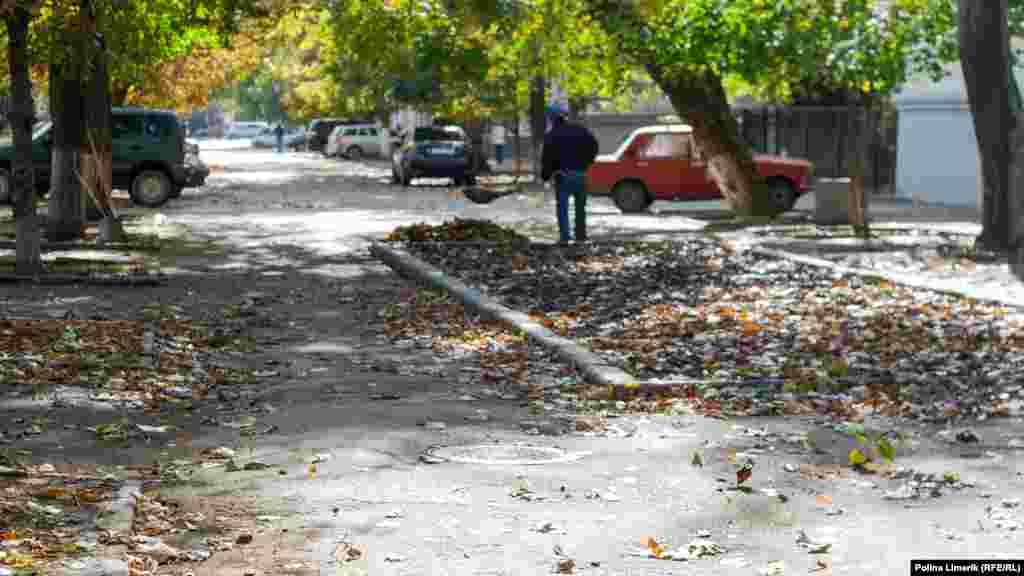 Дворник в ковбойской шляпе медитативно шуршит опавшими листьями